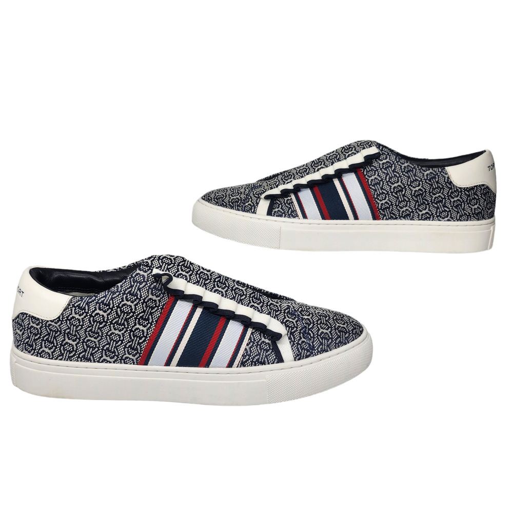 Tory Burch Sport Shoes Womens 9.5 Blue White Red Ruffle Slip Ons Sneakers Gemini